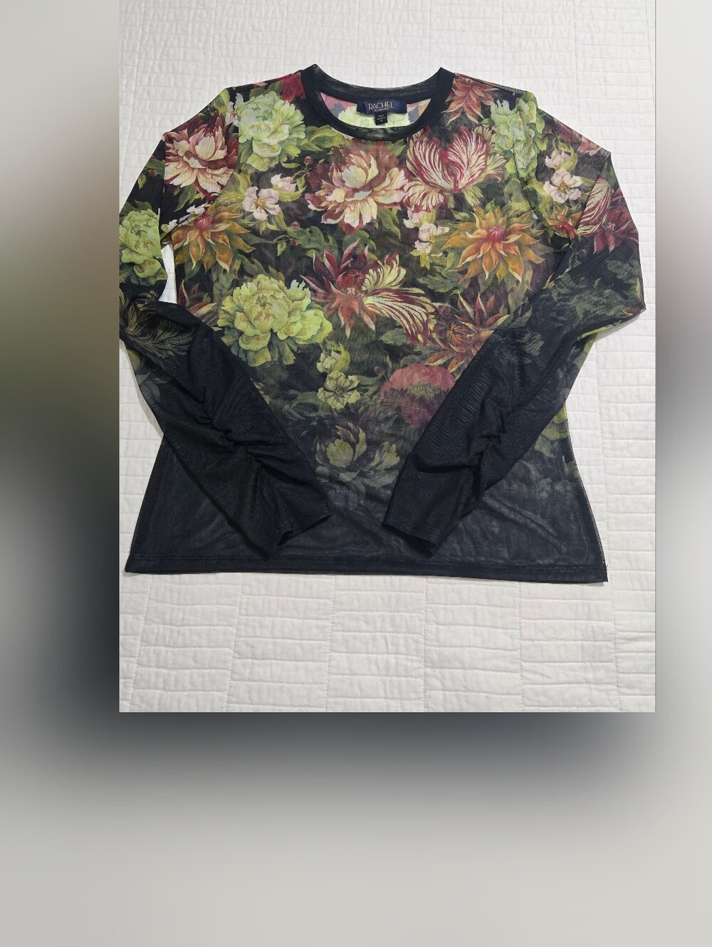 RACHEL Rachel Roy Green Floral Long Sleeve Mesh Top - Picture 6 of 7